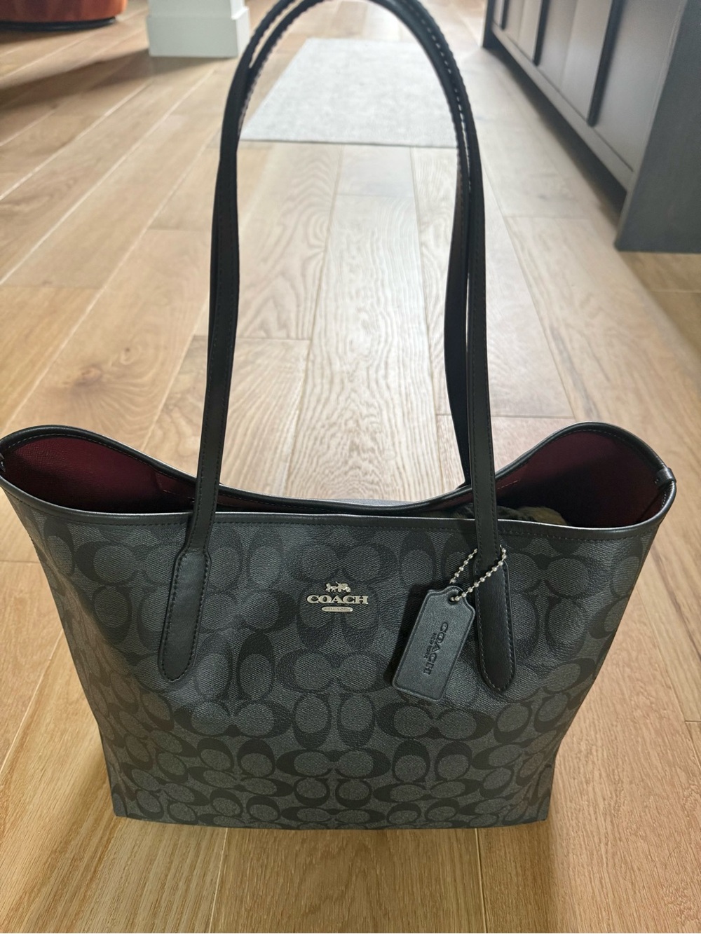 Coach Signature Reversible Tote in Charcoal and Maroon